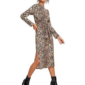 Women's Snakeskin Print Long Sleeve Tie Midi Dress